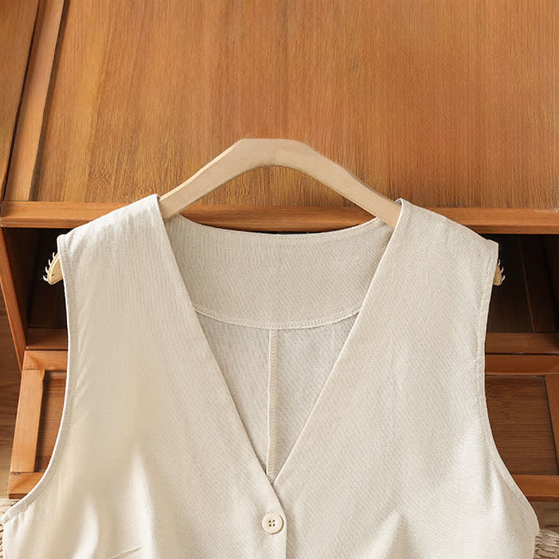 Buddha Stones Summer Vintage Button-Up Solid Women's Sleeveless Shirts With Decorative Pockets - image 2