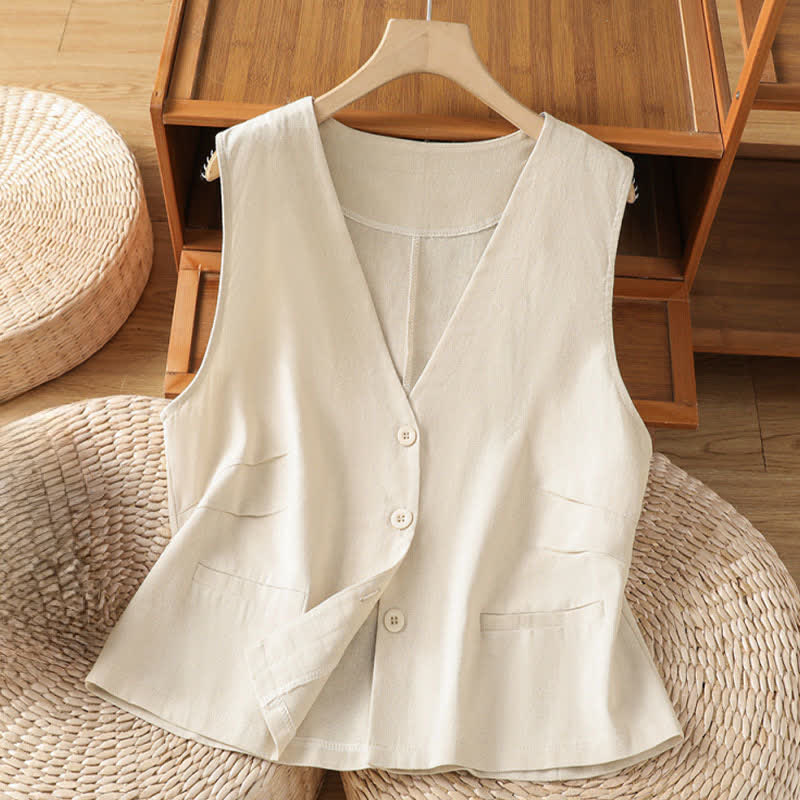 Buddha Stones Summer Vintage Button-Up Solid Women's Sleeveless Shirts With Decorative Pockets - Beige - US12,UK/AU16,EU44 (2XL) - image 0