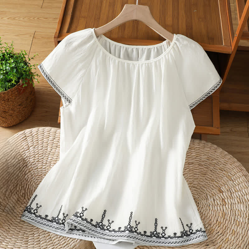 Buddha Stones Summer Boho Embroidery Floral Women's Short Sleeve T-Shirts - White - US12,UK/AU16,EU44 (2XL) - image 6