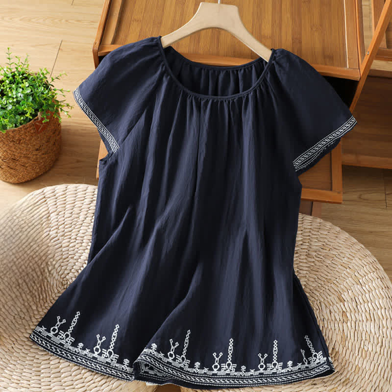 Buddha Stones Summer Boho Embroidery Floral Women's Short Sleeve T-Shirts - MidnightBlue - US12,UK/AU16,EU44 (2XL) - image 0