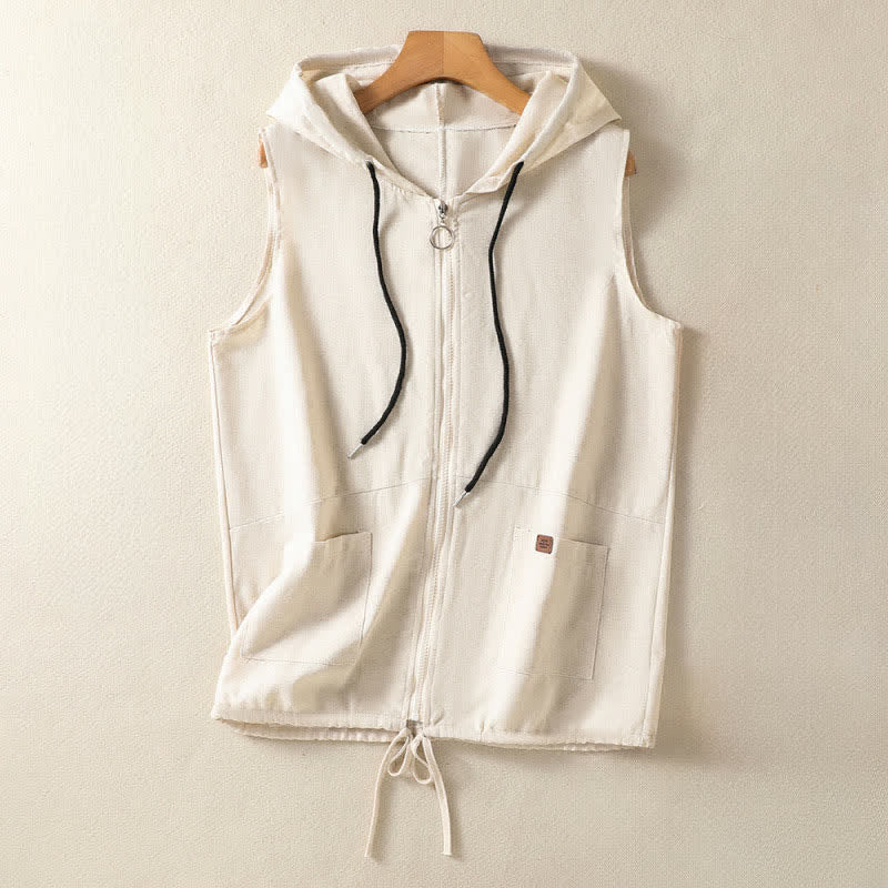 Buddha Stones Summer Casual Drawstring Solid Zipper Design Women's Sleeveless Hooded Shirts With Pockets - AntiqueWhite - US12,UK/AU16,EU44 (2XL) - image 0