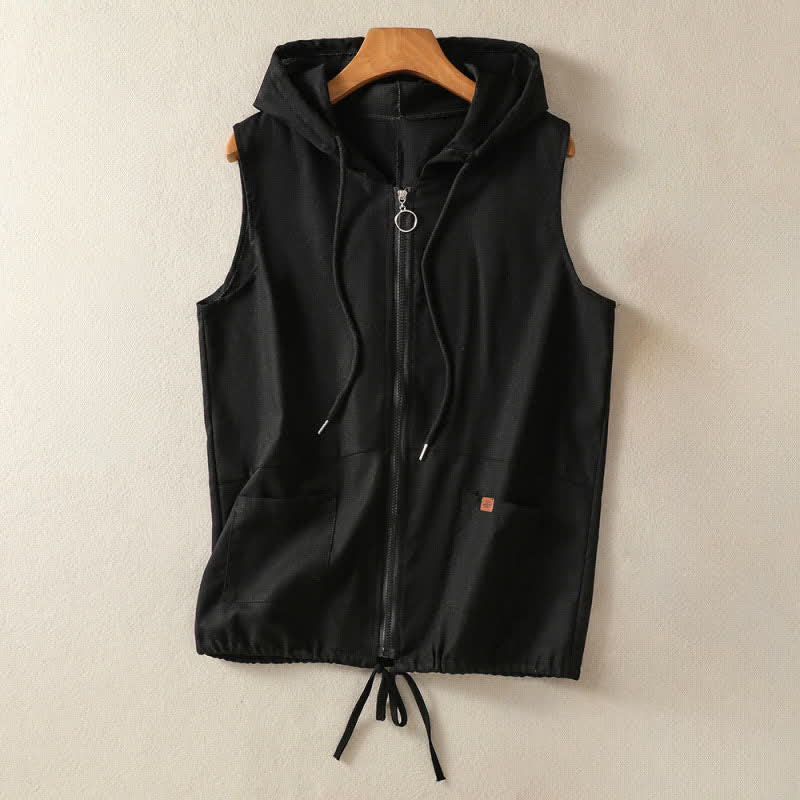 Buddha Stones Summer Casual Drawstring Solid Zipper Design Women's Sleeveless Hooded Shirts With Pockets - Black - US12,UK/AU16,EU44 (2XL) - image 11