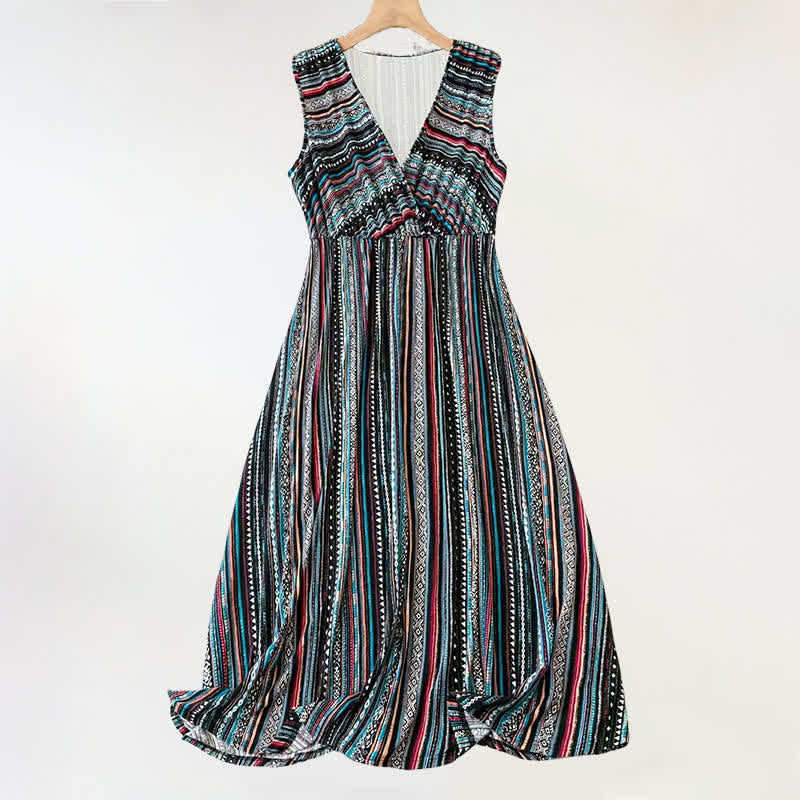 Buddha Stones Summer Bohemian Stripes V-Neck Women's Summer Sleeveless Dress - Black - US18,UK/AU22,EU50 (5XL) - image 0