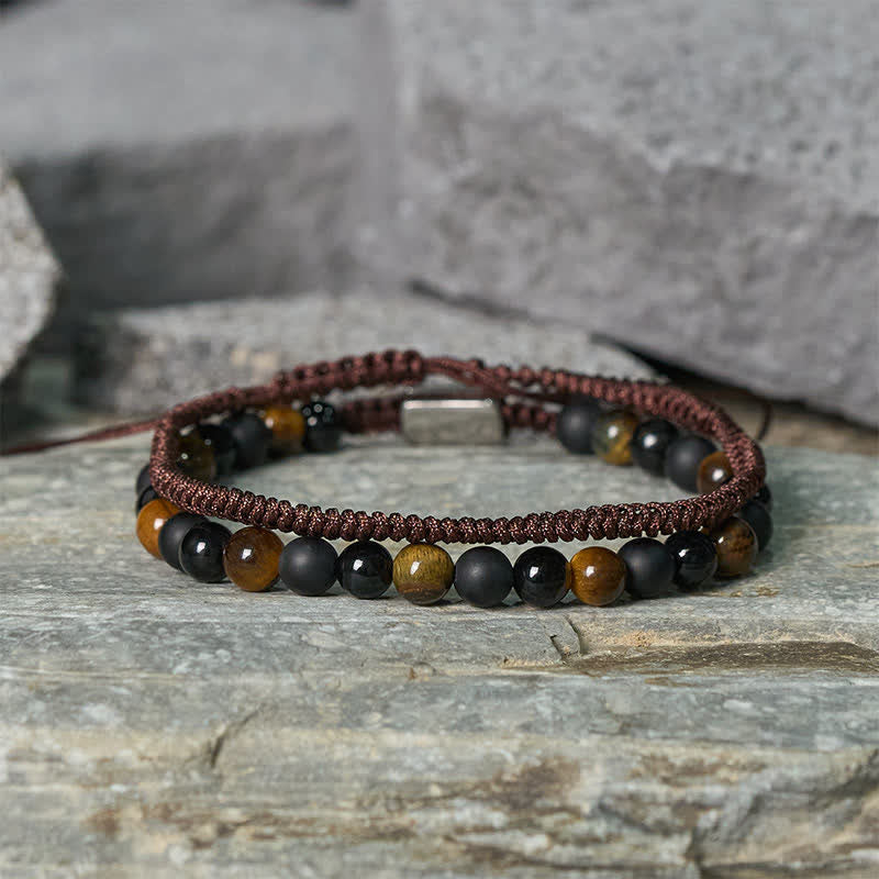 Buddha Stones 2Pcs Natural Tiger Eye Black Obsidian Protection String Bracelet - image 1