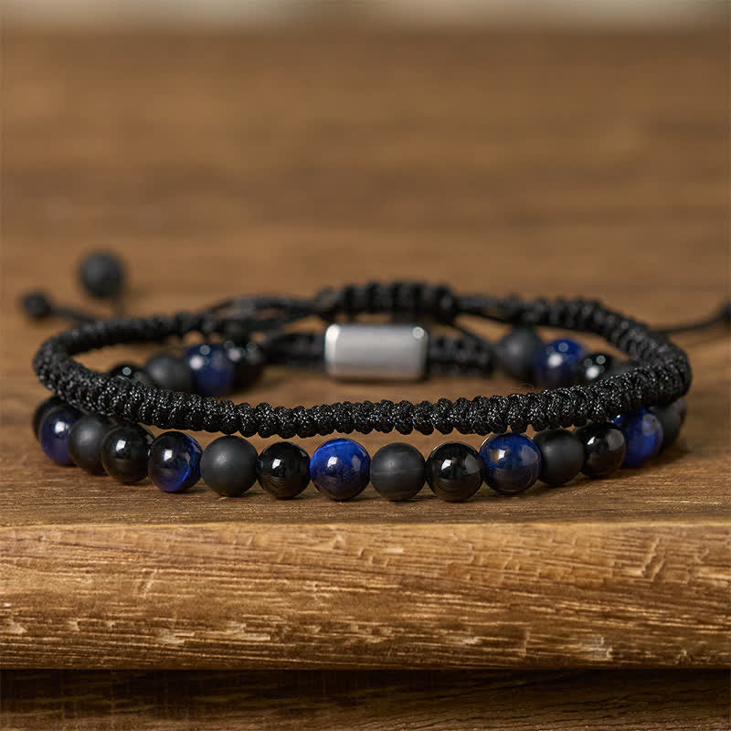 Buddha Stones 2Pcs Natural Tiger Eye Black Obsidian Protection String Bracelet - Blue Tiger's Eye(Wrist Circumference:16-28cm) - image 12