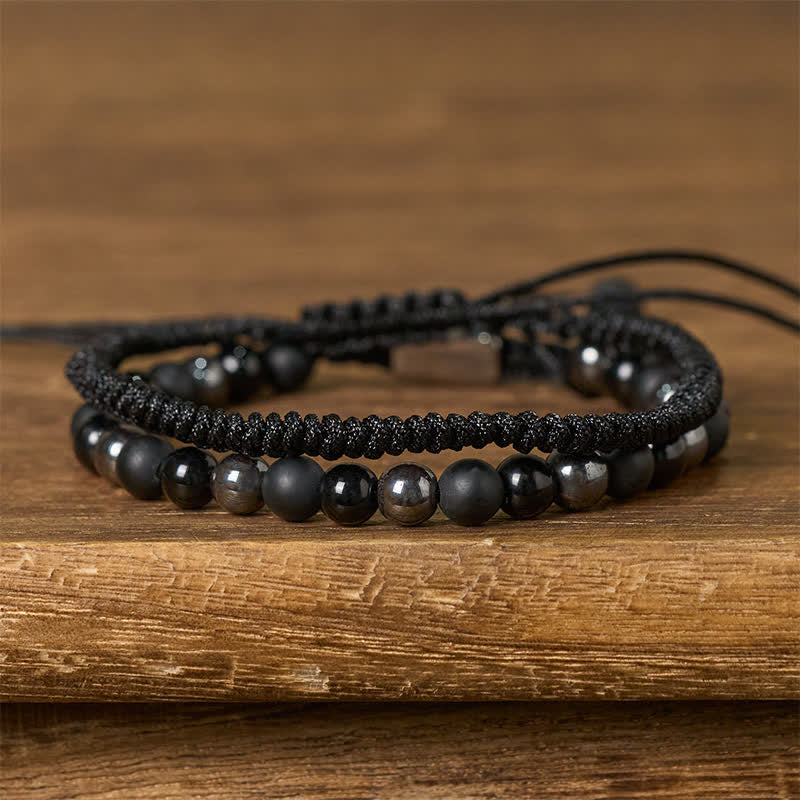 Buddha Stones 2Pcs Natural Tiger Eye Black Obsidian Protection String Bracelet - Black Obsidian(Wrist Circumference:16-28cm) - image 8