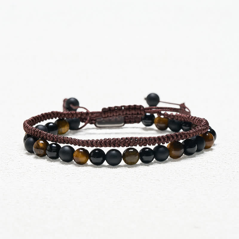 Buddha Stones 2Pcs Natural Tiger Eye Black Obsidian Protection String Bracelet - image 3