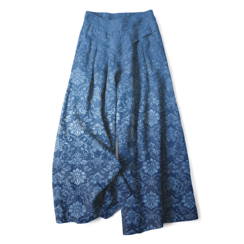 Buddha Stones Cotton Linen Vintage Floral Pattern Women's Elastic Waist Wide Leg Pants With Pockets - RoyalBlue - US16,UK/AU20,EU48 (3XL) - image 0