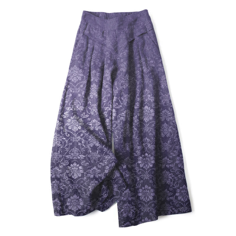 Buddha Stones Cotton Linen Vintage Floral Pattern Women's Elastic Waist Wide Leg Pants With Pockets - Purple - US16,UK/AU20,EU48 (3XL) - image 4