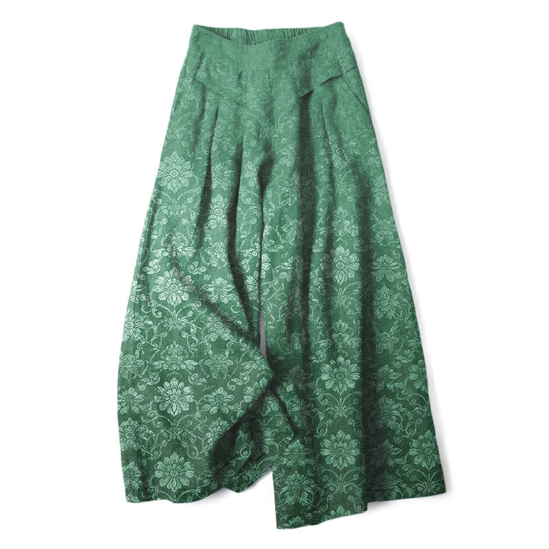 Buddha Stones Cotton Linen Vintage Floral Pattern Women's Elastic Waist Wide Leg Pants With Pockets - SeaGreen - US16,UK/AU20,EU48 (3XL) - image 6