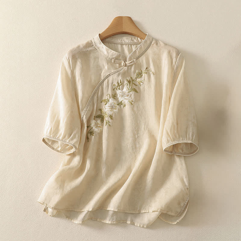 Buddha Stones Summer Tang Style Embroidery Flowers Mandarin Collar Solid Women's Short Sleeve Shirt - Beige - US8-10,UK/AU12-14,EU40-42 (2XL) - image 6