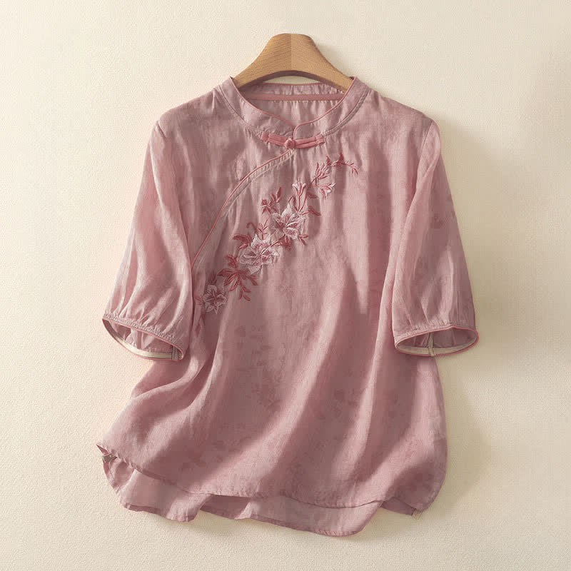 Buddha Stones Summer Tang Style Embroidery Flowers Mandarin Collar Solid Women's Short Sleeve Shirt - PeachPuff - US8-10,UK/AU12-14,EU40-42 (2XL) - image 11