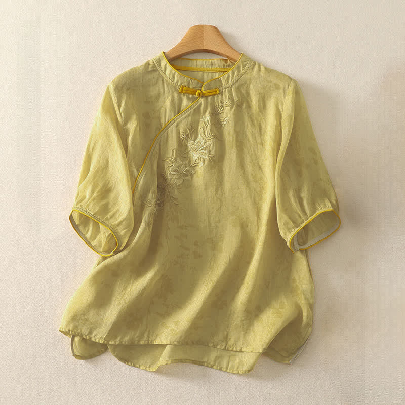 Buddha Stones Summer Tang Style Embroidery Flowers Mandarin Collar Solid Women's Short Sleeve Shirt - khaki - US8-10,UK/AU12-14,EU40-42 (2XL) - image 0