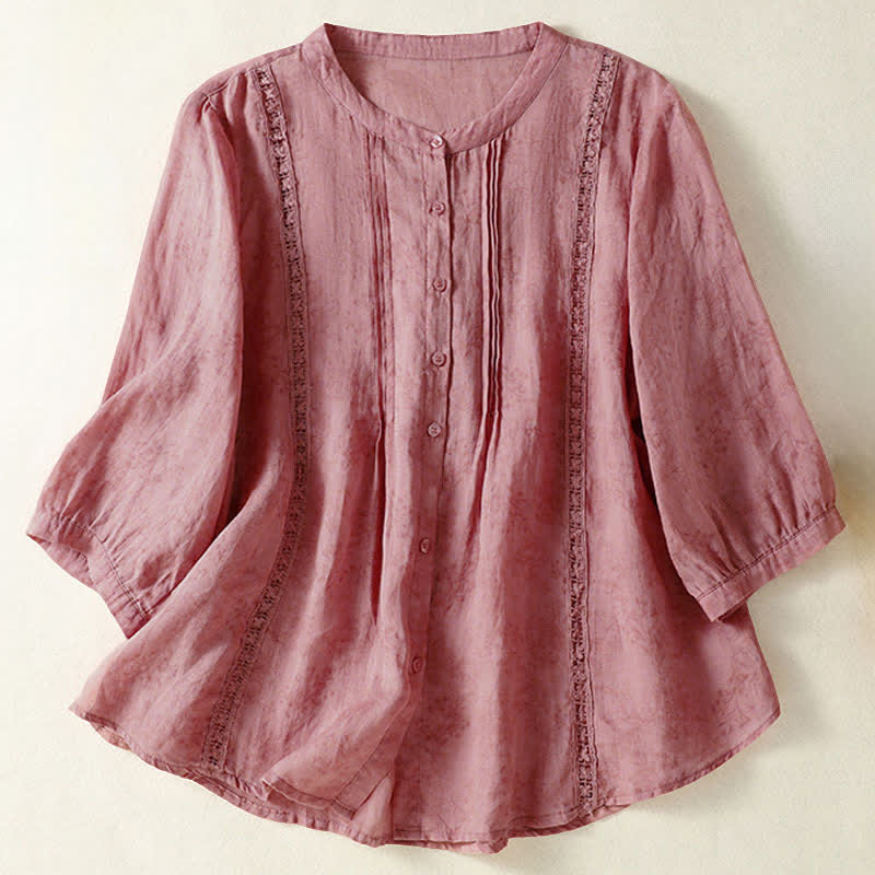 Buddha Stones Summer Vintage Button-Up Solid Women's Elbow-Length Sleeve Shirts - PeachPuff - US8-10,UK/AU12-14,EU40-42 (2XL) - image 6