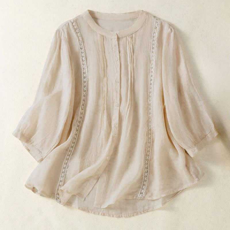 Buddha Stones Summer Vintage Button-Up Solid Women's Elbow-Length Sleeve Shirts - Beige - US8-10,UK/AU12-14,EU40-42 (2XL) - image 12
