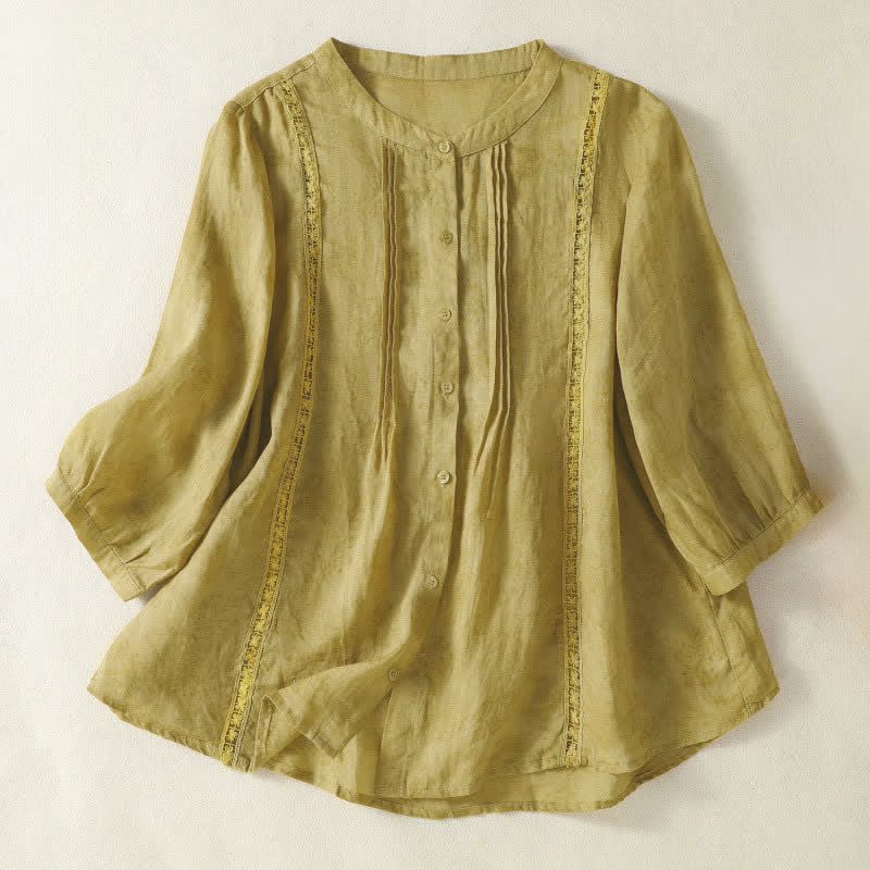 Buddha Stones Summer Vintage Button-Up Solid Women's Elbow-Length Sleeve Shirts - khaki - US8-10,UK/AU12-14,EU40-42 (2XL) - image 0
