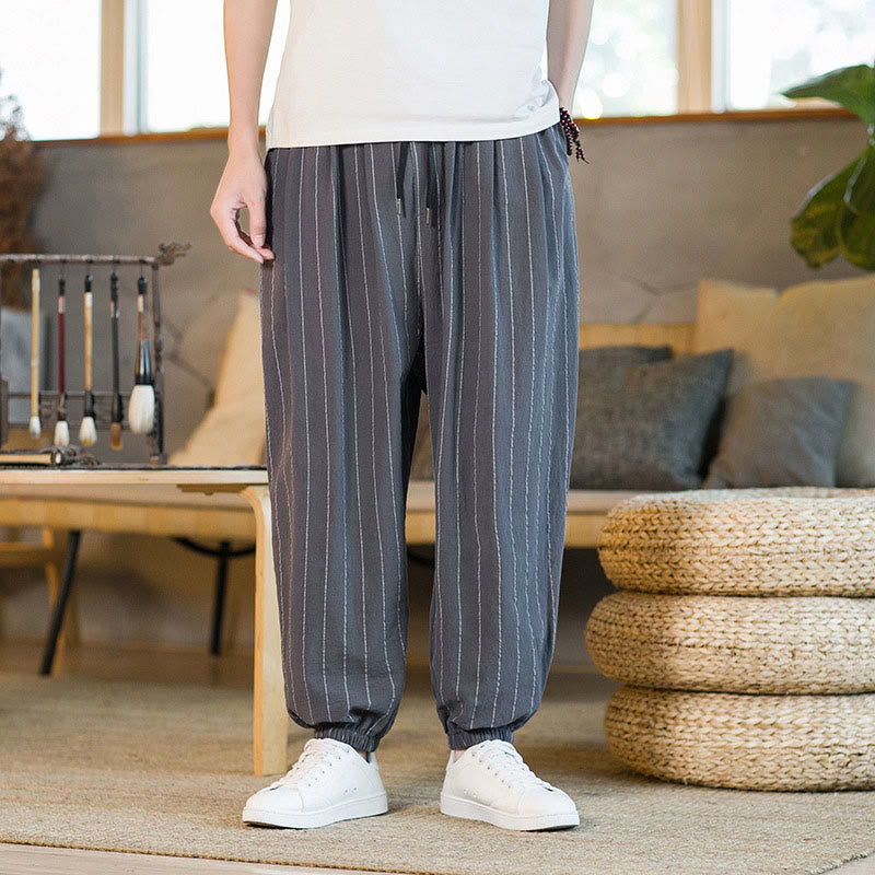 Buddha Stones Summer Casual Drawstring Striped Men's Harem Pants With Pockets - DimGray - US/UK/AU50,EU60 (5XL) - image 0