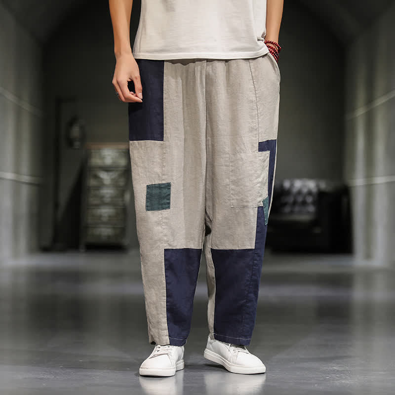Buddha Stones Spring Casual Color Block Cotton Linen Cropped Men's Harem Pants With Pockets - Beige - US/UK/AU48,EU58(5XL) - image 0