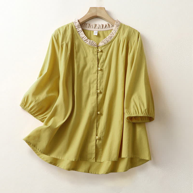 Buddha Stones Summer Casual Button Up Solid Ruffled Collar Cotton Women's Short Sleeve Shirt - Goldenrod - US8-10,UK/AU12-14,EU40-42 (2XL) - image 0