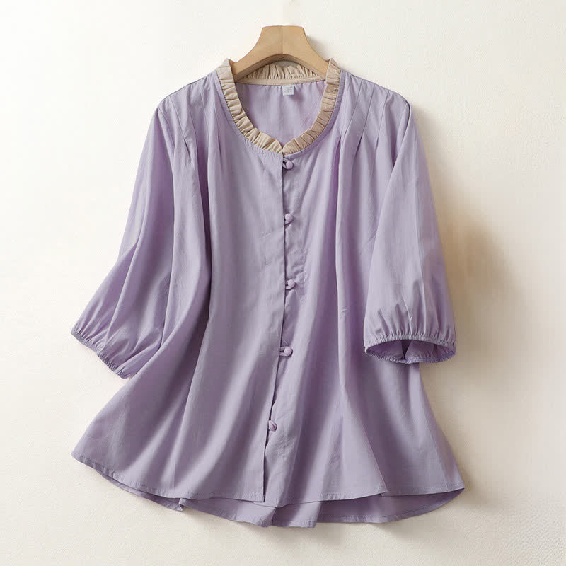 Buddha Stones Summer Casual Button Up Solid Ruffled Collar Cotton Women's Short Sleeve Shirt - Lavender - US8-10,UK/AU12-14,EU40-42 (2XL) - image 7