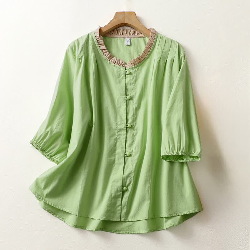 Buddha Stones Summer Casual Button Up Solid Ruffled Collar Cotton Women's Short Sleeve Shirt - PaleGreen - US8-10,UK/AU12-14,EU40-42 (2XL) - image 12