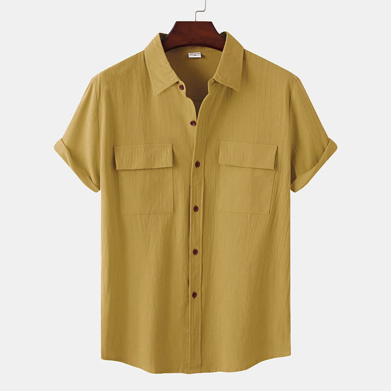 Buddha Stones Summer Casual Solid Buttons Men's Short Sleeve Shirts With Decorative Pockets - SaddleBrown - US/UK/AU46,EU56 (3XL) - image 0