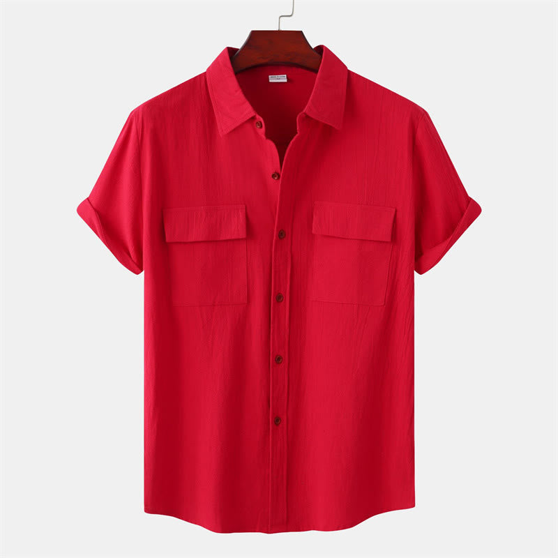 Buddha Stones Summer Casual Solid Buttons Men's Short Sleeve Shirts With Decorative Pockets - Crimson - US/UK/AU46,EU56 (3XL) - image 71
