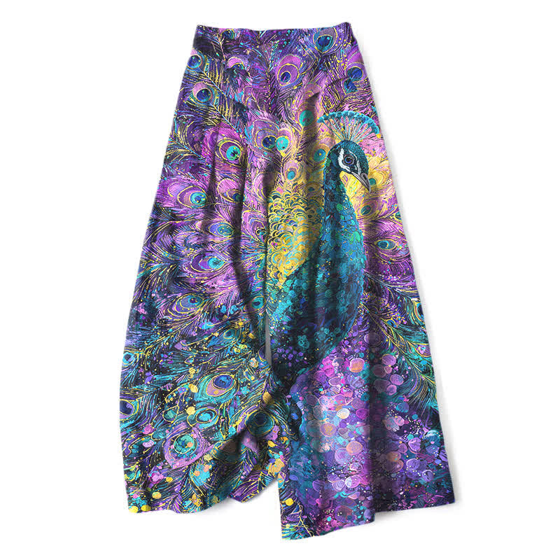 Buddha Stones Cotton Linen Peacock Feather Pattern Women's Elastic Waist Wide Leg Pants With Pockets - BlueViolet - US16,UK/AU20,EU48 (3XL) - image 0