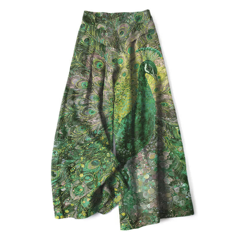 Buddha Stones Cotton Linen Peacock Feather Pattern Women's Elastic Waist Wide Leg Pants With Pockets - ForestGreen - US16,UK/AU20,EU48 (3XL) - image 4