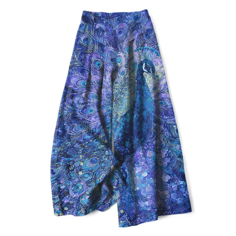 Buddha Stones Cotton Linen Peacock Feather Pattern Women's Elastic Waist Wide Leg Pants With Pockets - RoyalBlue - US16,UK/AU20,EU48 (3XL) - image 6