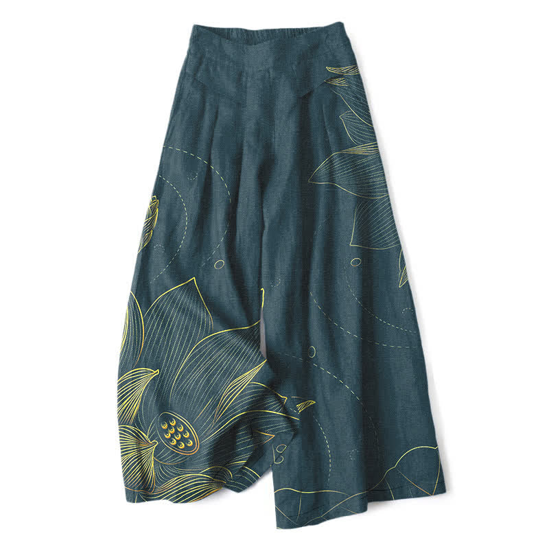 Buddha Stones Cotton Linen Lotus Line Art Pattern Women's Elastic Waist Wide Leg Pants With Pockets - Teal - US16,UK/AU20,EU48 (3XL) - image 0