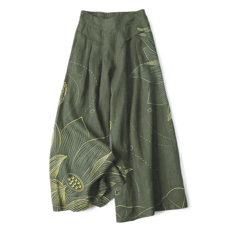 Buddha Stones Cotton Linen Lotus Line Art Pattern Women's Elastic Waist Wide Leg Pants With Pockets - DarkOliveGreen - US16,UK/AU20,EU48 (3XL) - image 4