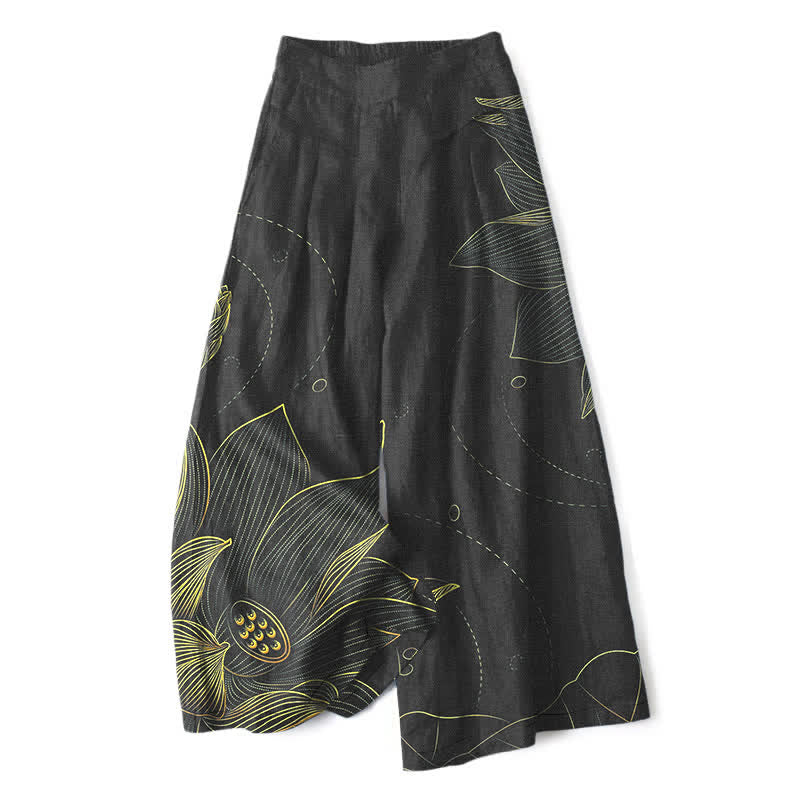 Buddha Stones Cotton Linen Lotus Line Art Pattern Women's Elastic Waist Wide Leg Pants With Pockets - Black - US16,UK/AU20,EU48 (3XL) - image 6