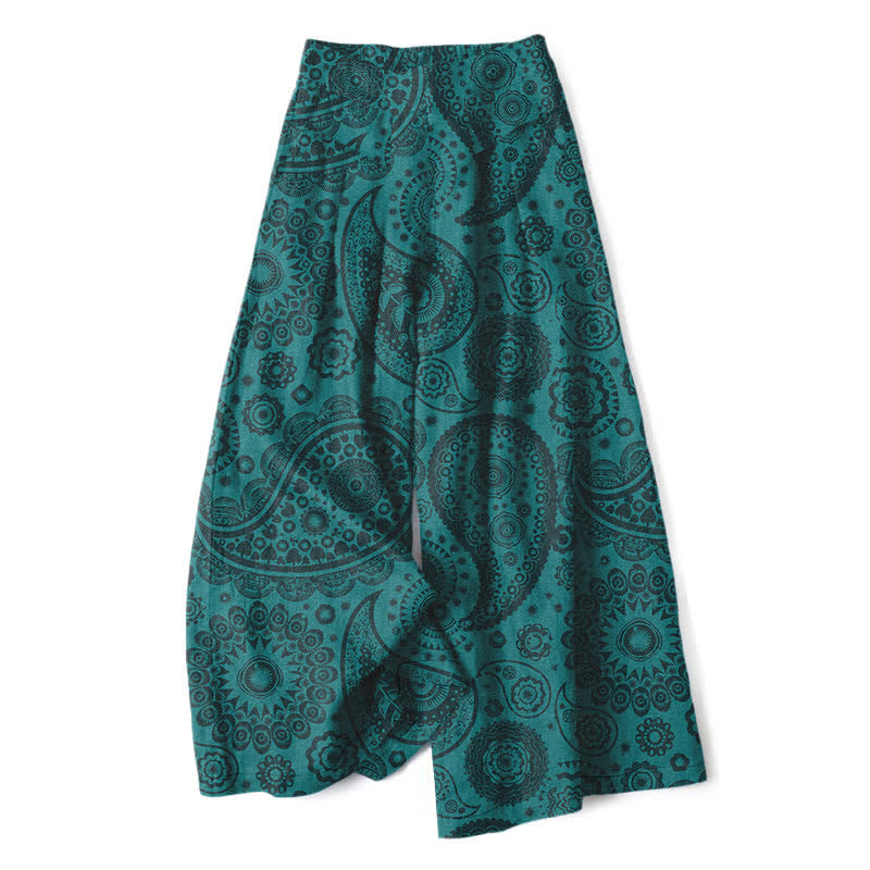 Buddha Stones Cotton Linen Bohemian Paisley Pattern Women's Elastic Waist Wide Leg Pants With Pockets - Teal - US16,UK/AU20,EU48 (3XL) - image 0