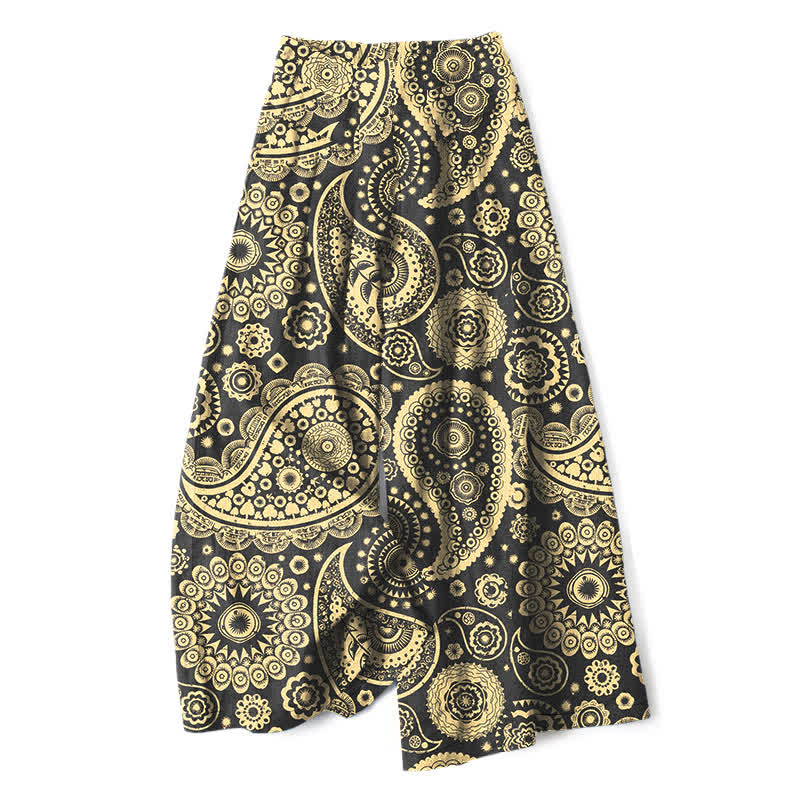 Buddha Stones Cotton Linen Bohemian Paisley Pattern Women's Elastic Waist Wide Leg Pants With Pockets - DarkKhaki - US16,UK/AU20,EU48 (3XL) - image 4