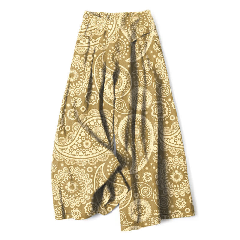 Buddha Stones Cotton Linen Bohemian Paisley Pattern Women's Elastic Waist Wide Leg Pants With Pockets - Khaki - US16,UK/AU20,EU48 (3XL) - image 6