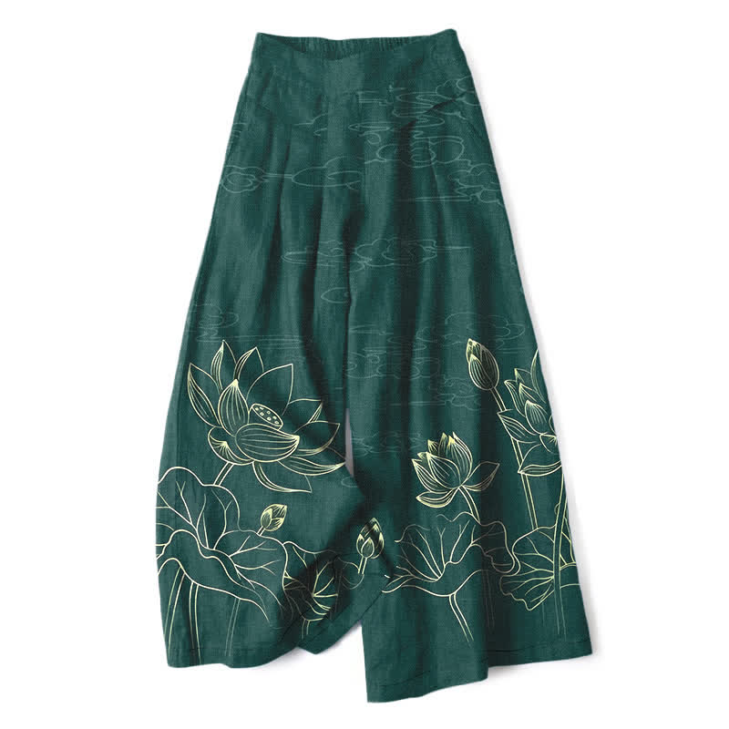 Buddha Stones Cotton Linen Lotus Line Art Pattern Women's Elastic Waist Wide Leg Pants With Pockets - ForestGreen - US16,UK/AU20,EU48 (3XL) - image 0