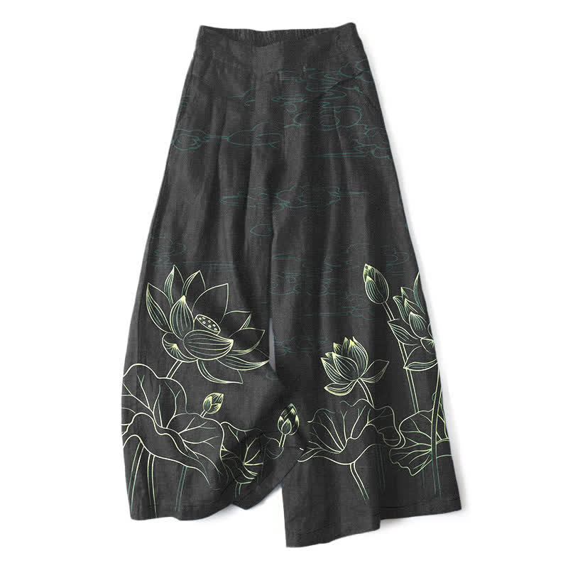 Buddha Stones Cotton Linen Lotus Line Art Pattern Women's Elastic Waist Wide Leg Pants With Pockets - Black - US16,UK/AU20,EU48 (3XL) - image 4