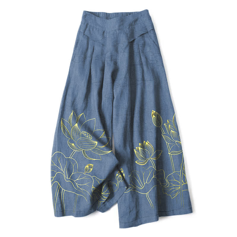 Buddha Stones Cotton Linen Lotus Line Art Pattern Women's Elastic Waist Wide Leg Pants With Pockets - SteelBlue - US16,UK/AU20,EU48 (3XL) - image 6