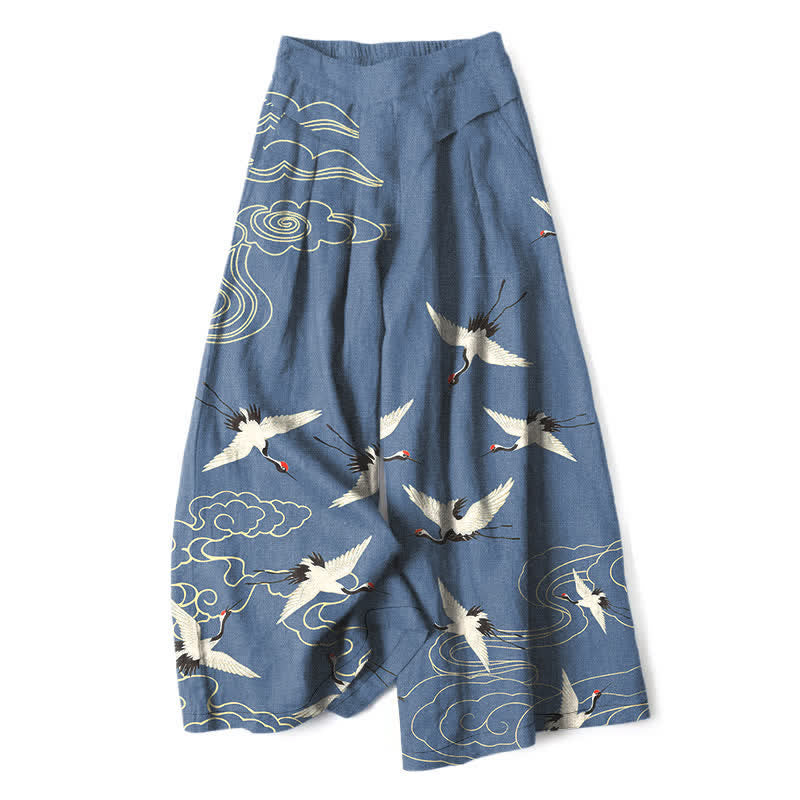 Buddha Stones Cotton Linen Crane Cloud Pattern Women's Elastic Waist Wide Leg Pants With Pockets - SteelBlue - US16,UK/AU20,EU48 (3XL) - image 0