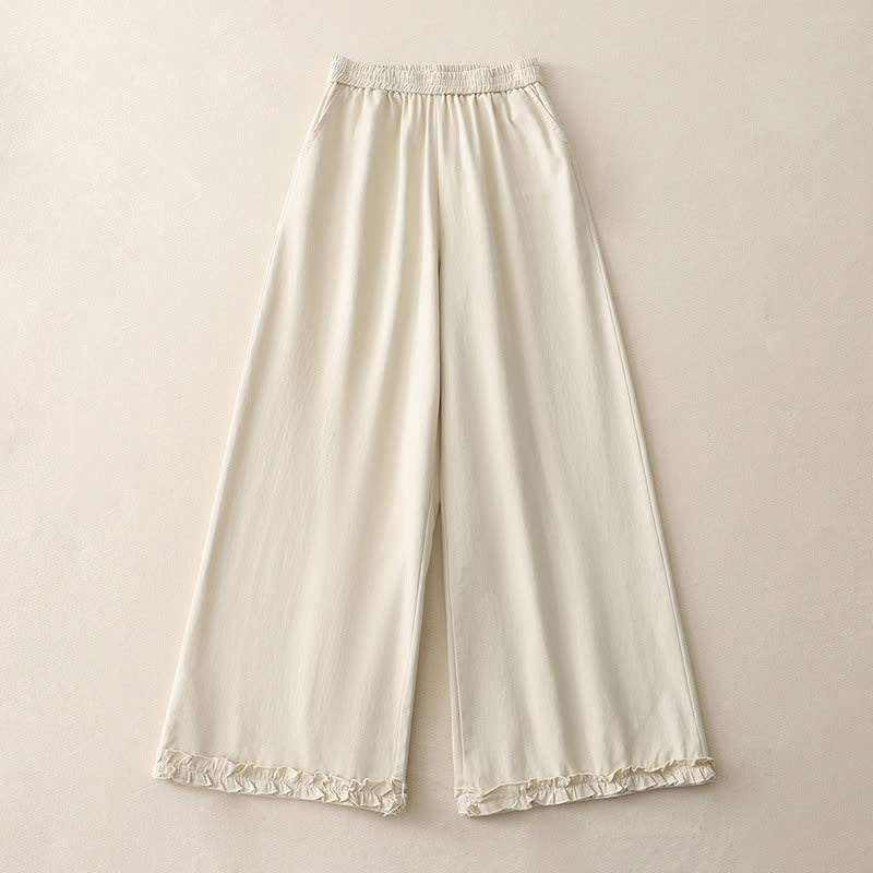 Buddha Stones Spring Casual Solid Cotton Ruffle Hem Women's Wide Leg Pants With Pockets - AntiqueWhite - US12,UK/AU16,EU44 (2XL) - image 4