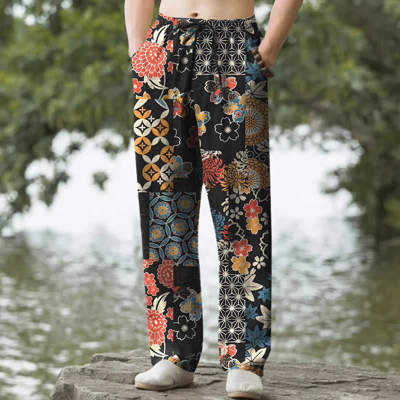 Buddha Stones Cotton Bohemian Floral Patchwork Pattern Men's Tapered Pants With Pockets - Black - US/UK/AU50,EU60 (5XL) - image 0
