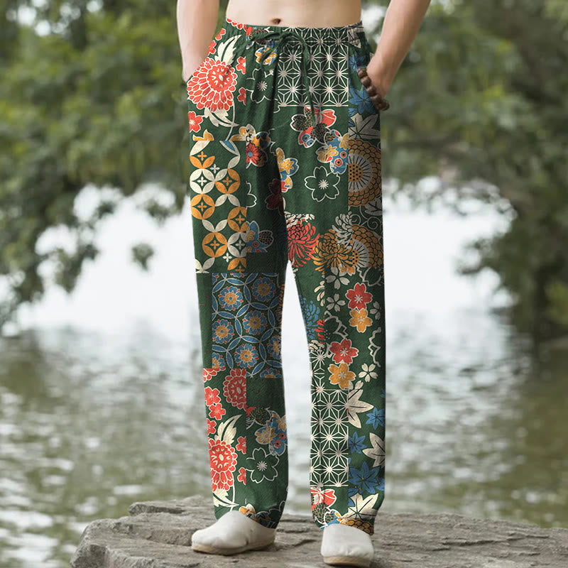Buddha Stones Cotton Bohemian Floral Patchwork Pattern Men's Tapered Pants With Pockets - ForestGreen - US/UK/AU50,EU60 (5XL) - image 4