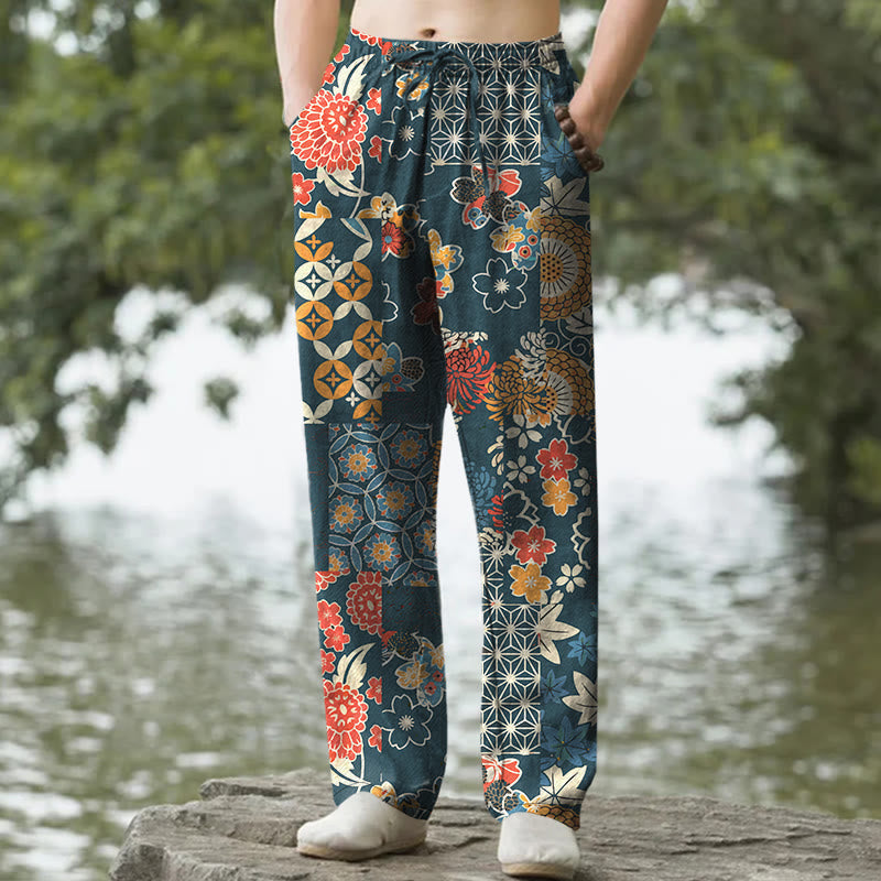 Buddha Stones Cotton Bohemian Floral Patchwork Pattern Men's Tapered Pants With Pockets - Teal - US/UK/AU50,EU60 (5XL) - image 6