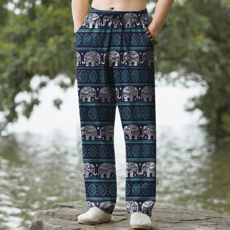 Buddha Stones Cotton Elephant Geometric Stripe Pattern Men's Tapered Pants With Pockets - Navy - US/UK/AU50,EU60 (5XL) - image 0