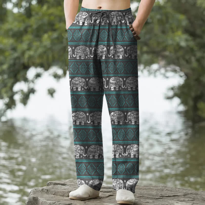 Buddha Stones Cotton Elephant Geometric Stripe Pattern Men's Tapered Pants With Pockets - Teal - US/UK/AU50,EU60 (5XL) - image 4