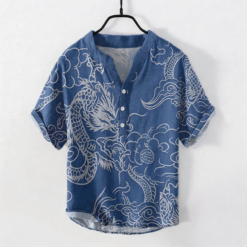 Buddha Stones Cotton White Dragon Cloud Pattern Men's Short Sleeve Half Button Shirt - SteelBlue - US/UK/AU50,EU60 (5XL) - image 0