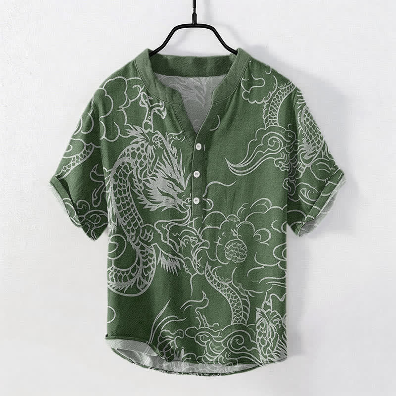 Buddha Stones Cotton White Dragon Cloud Pattern Men's Short Sleeve Half Button Shirt - ForestGreen - US/UK/AU50,EU60 (5XL) - image 5