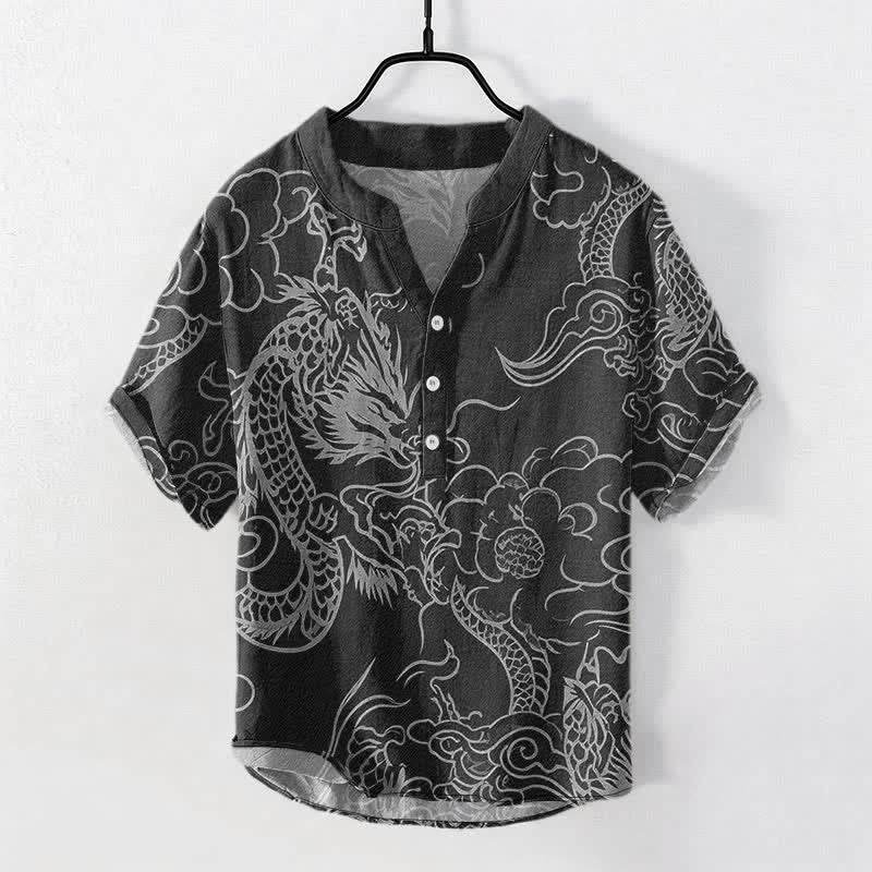 Buddha Stones Cotton White Dragon Cloud Pattern Men's Short Sleeve Half Button Shirt - Black - US/UK/AU50,EU60 (5XL) - image 7