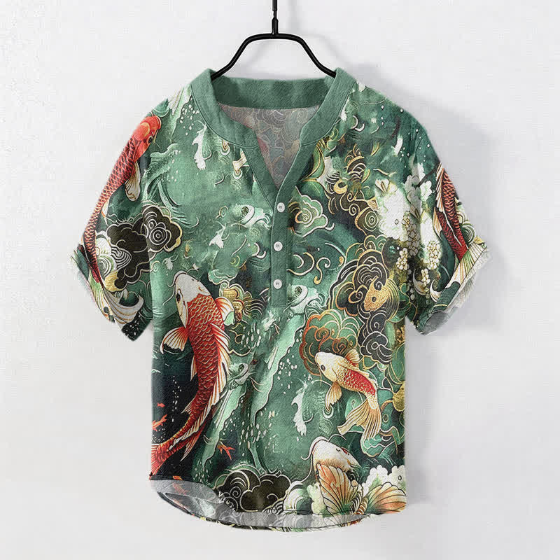 Buddha Stones Cotton Koi Fish Wave Pattern Men's Short Sleeve Half Button Shirt - MediumSeaGreen - US/UK/AU50,EU60 (5XL) - image 0